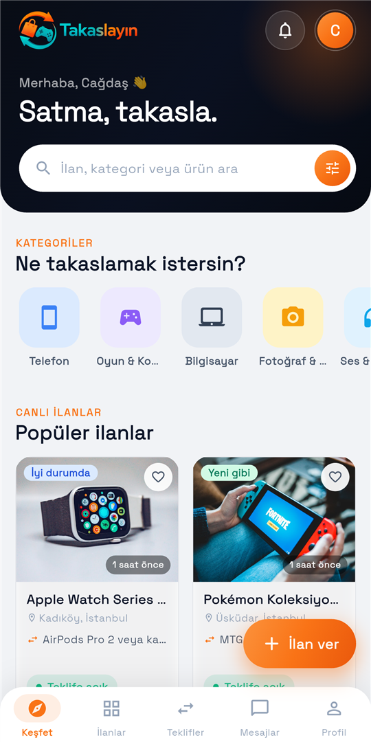 Takaslayın uygulaması ana ekranı